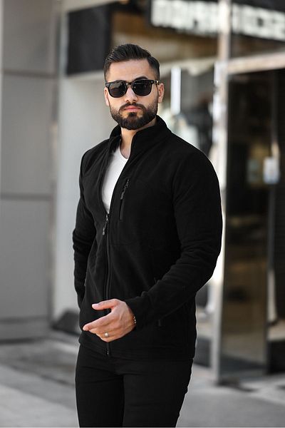 Butik Men's Black Fleece Jacket - Full Zipper and Three Pockets