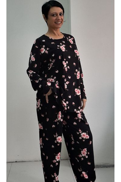 Mertcan Butik Combed Cotton Viscose Pajama Set - Black and Pink Floral, Bottom and Top Set