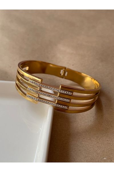 NAZLI Steel Bracelet-Thick Zircon Stone Rib New Season Trend Handcuff Bracelet 316L Non-Tarnish Width: 20 mm