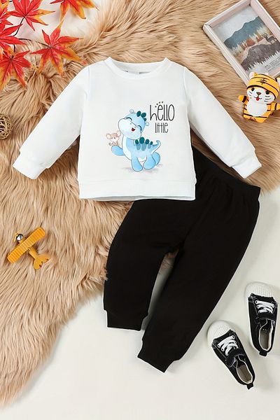 ADABEBEK New Season Hello Little Dino Printed Baby Set - Top and Bottom Set 22394