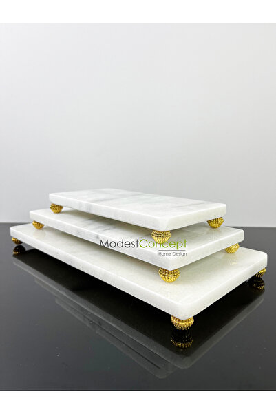 Modestmar Doğal Beyaz Mermer 3'lü Sunum Seti Gold Böğürtlen Ayak