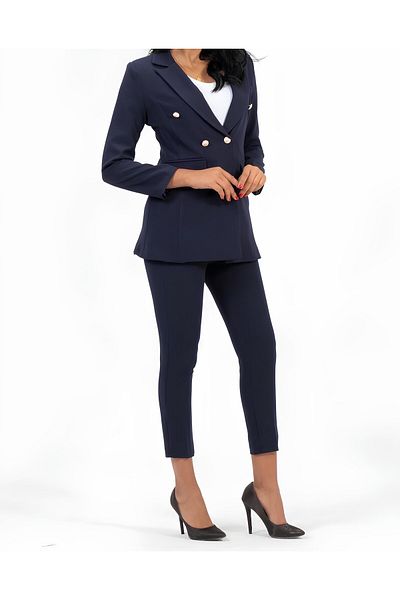 DEFES Stylish Navy Blue Blazer Jacket and Pants Set - Elegant Choice for Office Style and Special Occasions