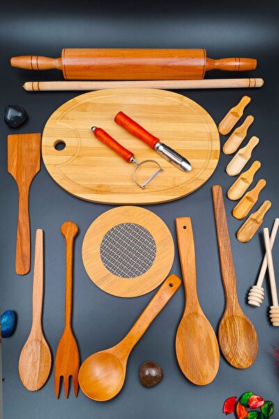 SWENCRAFT Doğal Ahşap 20 Li Mutfak Çeyiz Seti Dönerli Merdane Oklava Nihale K...