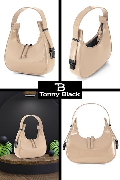 Tonny Black Original New Season Shiny Patent Leather Baguette Model Single Eyed Stylish Handbag and Shoulder Bag Mink