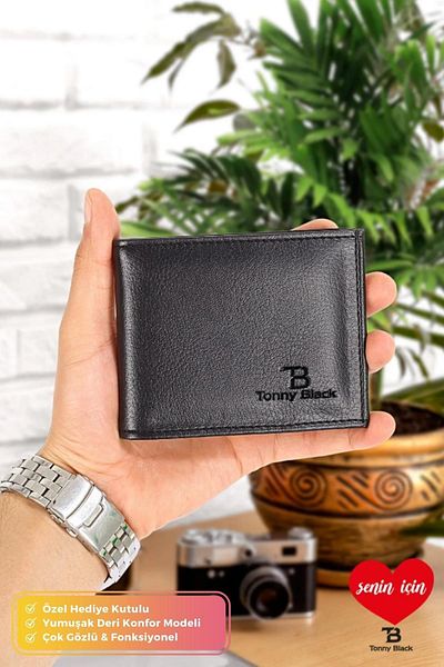 Tonny Black Originální pánská černá stylová kožená peněženka s dárkovou krabičkou, peněženkou s držákem na karty a přihrádkou na papírové peníze