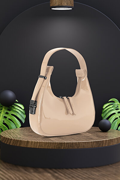 Tonny Black Original New Season Shiny Patent Leather Baguette Model Single Eyed Stylish Handbag and Shoulder Bag Mink