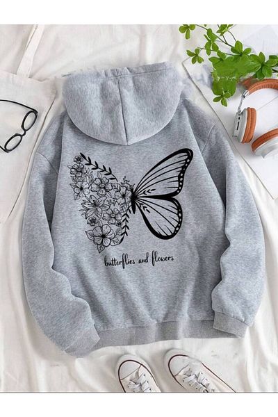 trend selection Women's Cardigan - Butterflies and Flowers Printed, Oversize Hoodie