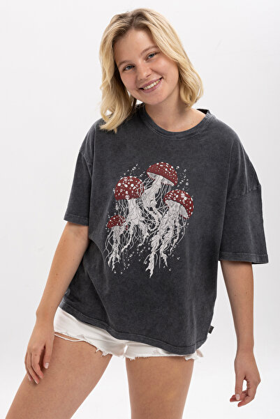 S-Ponder تي شيرت قطن 100% مطبوع عليه قنديل البحر كبير الحجم برقبة دائرية