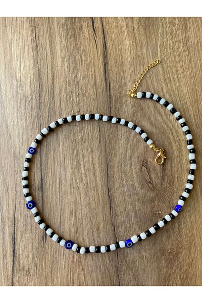 Stoneday Black and White Cam Necklace with Glass Evil Eye and Bead Detail