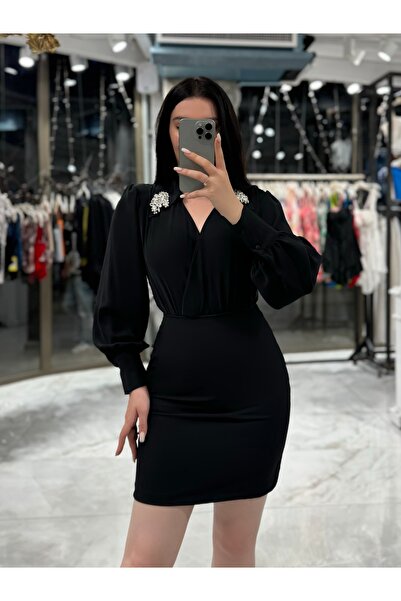 missswans Salome Yakası Aksesuarlı Kruvaze Yaka Bodysuit Siyah