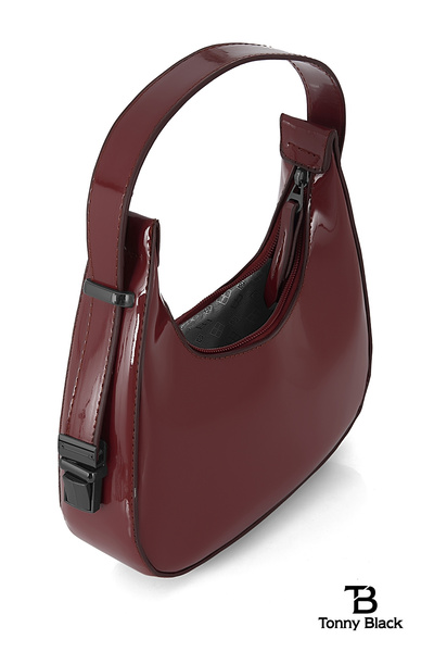 Tonny Black Original New Season Cherry Red Shiny Patent Leather Baguette Model Single Eyed Stylish Handbag and Shoulder Bag Claret Red