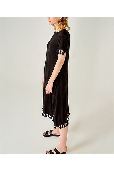 AQE FASHION Rochie de damă neagră cu ciucuri cu fantă laterală