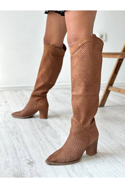 Favi Ayakkabı Tan Suede Laserem řezané perforované letní dlouhé boty