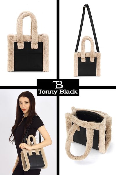 Tonny Black Original New Season Furry Plush Soft Leather Crossbody Handbag with Adjustable Strap