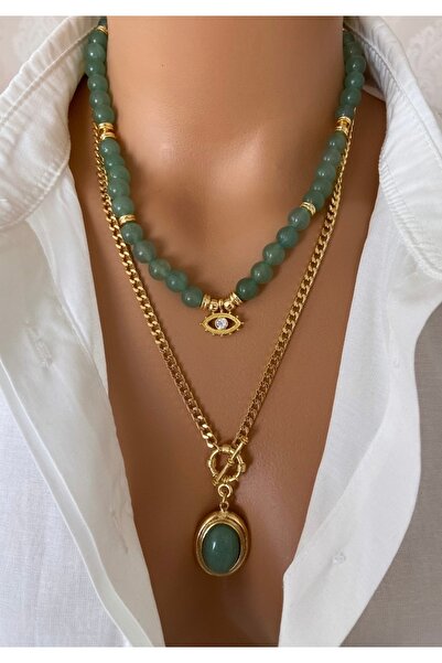 TARZ-I TAKI قلادة من حجر الأفنتورين الأخضر الطبيعي مع سلسلة فولاذية وإطار ذهب...