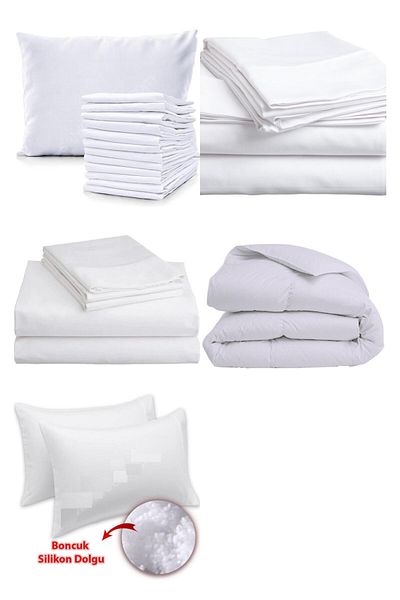 PRİVATE Double Pillowed Quilted Bed Duvet Cover Set Dowry Set 100% Cotton White Hotel Type 63 Wire