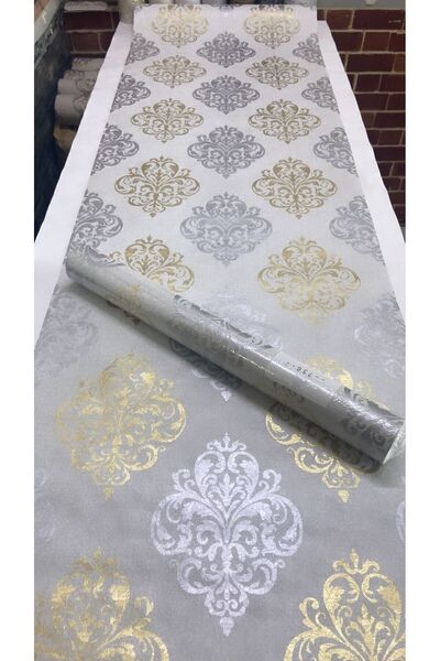 Golden Gümüş Gold Damask Desen Dokulu Duvar Kağıdı 53x10 Metre Rulo