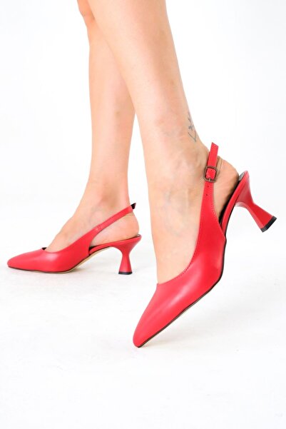 Ayakkabı Podyumum ' BENGÜ ' Kırmızı Cilt Sivri Burunlu Arka Açık 5 cm Kadeh Ökçe Yeni Sezon