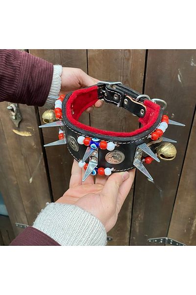 Sürmeli Tasma Puppy Kangal Shepherd Dog Collar Genuine Leather with 2 Bells 1St Grade