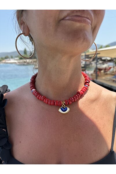 byebruketenci Kırmızı Bodrum Cam Boncuklu Porselen Göz Şeklinde Nazar Boncuklu Kolye.