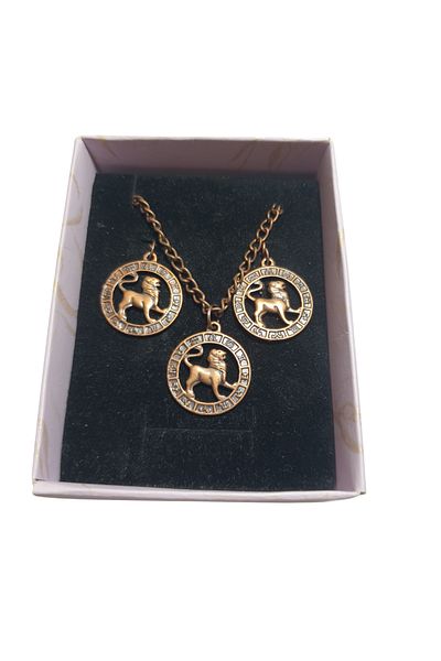 Ororabutik Copper Color 25mm Lion Sign Figured Necklace and Earring Set