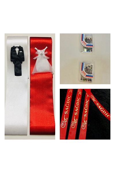 yörük tuhafiye Red-White Bridal Ribbon - 50 Pieces Bulk İgne and Groomsmen Sleeve