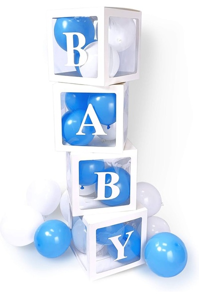 Doğumgünü Marketim Baby Yazılı Mavi Beyaz Balonlu Şeffaf Balon Kutusu Doğumgü...