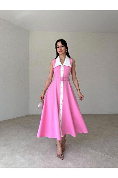 Afiş Butik Pembe Düğmeli Kemerli Beyaz Sivri Yakalı Elbise