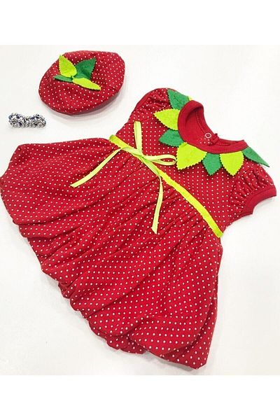 BYMURAT BABY Baby Girl Red Strawberry Summer Dress with Hat and Bracelet
