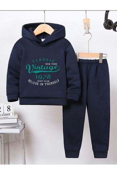 BYMEER Navy Blue Vintage Printed Kids Tracksuit Set