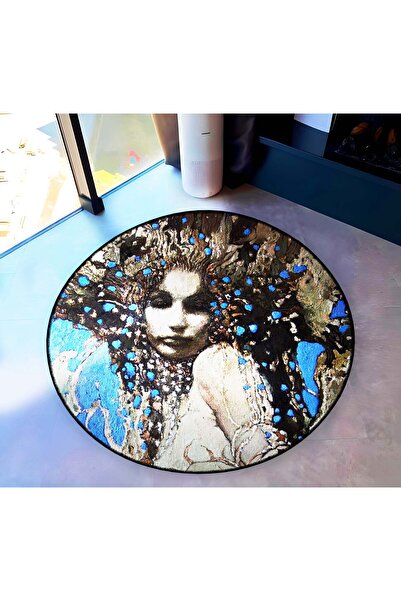 Rugs Modern Halı Multicolored Women's Portrait and Flower Patterned Round Wov...