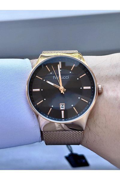 Ferrucci Men's Rose Black Straw Watchband - No Numerals, with Calendar, Adjustable Band