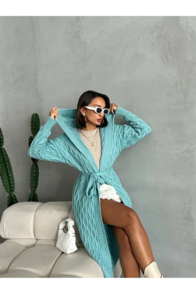 Nosia Color Hooded and Belted Patterned Long Knitwear Cardigan - Standard Size