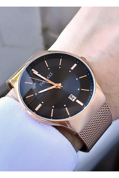 Ferrucci Men's Rose Black Straw Watchband - No Numerals, with Calendar, Adjustable Band