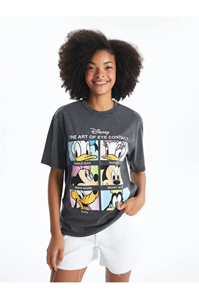 LC Waikiki Mickey and Friends Printed - Crew Neck Short Sleeve Oversize Women's T-Shirt Xside Anthracite Washed