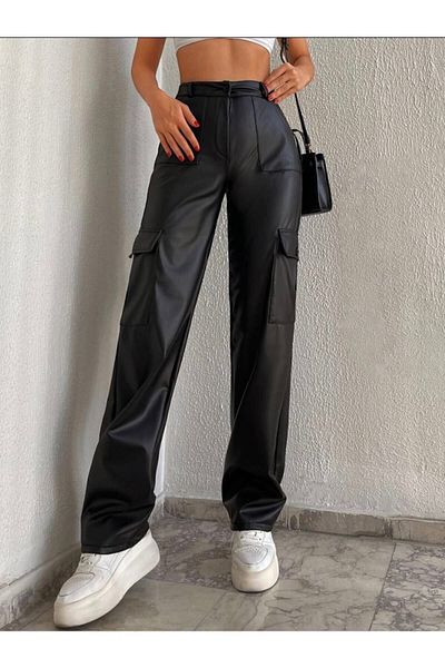 Gönen Passage Leather Trousers 90's High Waist Palozzo Model Cargo Pocket Leather Trousers