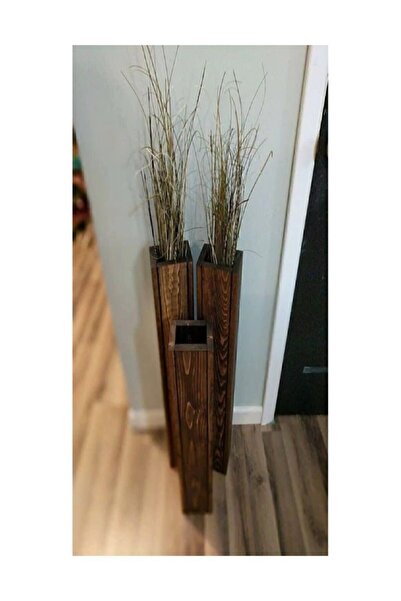evbiziz Açık Ceviz Doğal Ahşap Dekoratif Çiçeklik 3 Lü 50cm 50cm 40cm Biblo Vazo