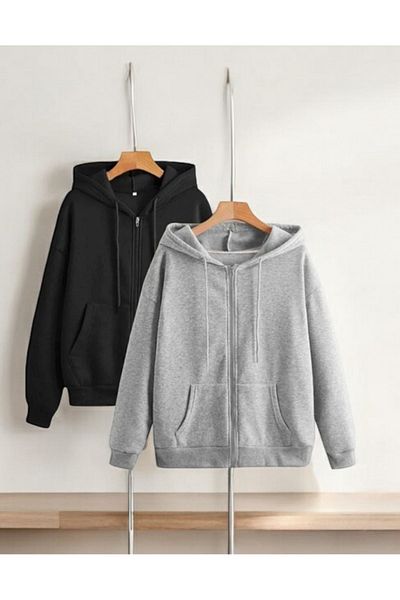 Ayfer Unisex Oversize φούτερ με κουκούλα - Εποχιακή ζακέτα με φερμουάρ σετ 2 τεμαχίων