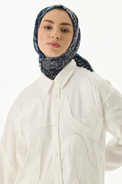 Starpink Şal Adalie din bumbac petrol cu model floral geometric - ST-RP4NK