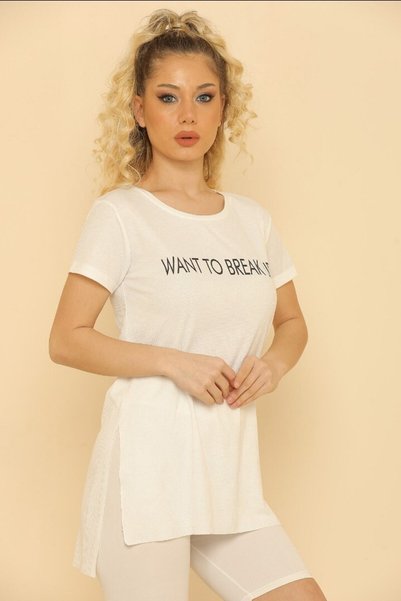 Jerusalema Krem Kadın Likralı Bisiklet Yaka Break Up Baskılı T-shirt