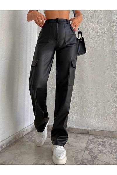 Gönen Passage Leather Trousers 90's High Waist Palozzo Model Cargo Pocket Leather Trousers