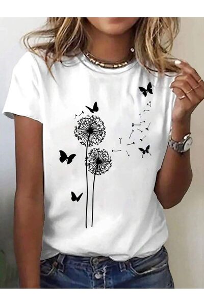 Moda Glo Dámské bílé oversize tričko s krátkým rukávem s motýlím květem