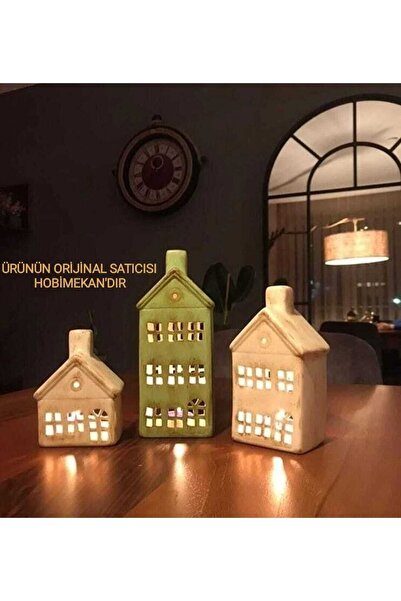 hobimekan Üçlü Seramik Eskitme Ev Mumluk.
