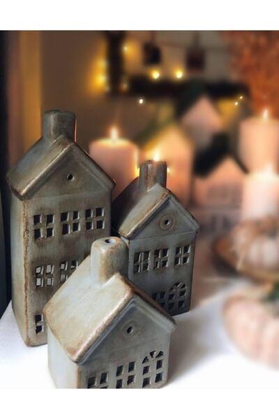 hobimekan Üçlü Seramik Eskitme Ev Mumluk