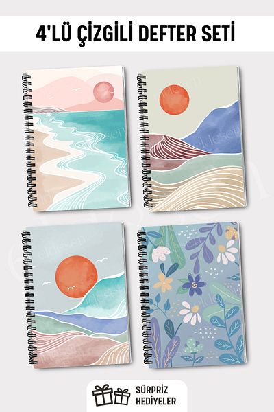 Eldesen Tasarım A5 Size Spiraled Lined Notebook Set of 4 - 50 Sheets 100 Pages