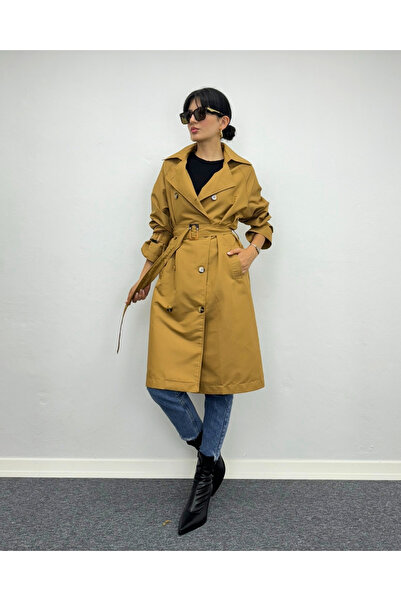 deqfashion Taba Düğme Detaylı Astarsız Reglan Kol Oversize Trençkot