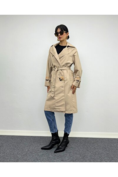 deqfashion Bej Düğme Detaylı Astarsız Reglan Kol Oversize Trençkot
