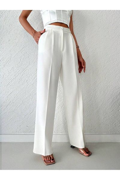 Bufalo Beige Wide Leg Pleated Woven Trousers - Straight Cut