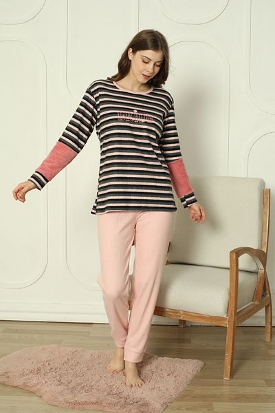 FAMES PİJAMA Long Sleeve Plush Garnished Interlock Women's Pajamas Set