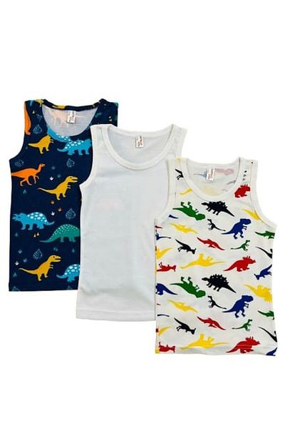elmas kids Cotton 3-Piece Navy Blue-White Dinosaur Patterned Tank Top Set for Boy